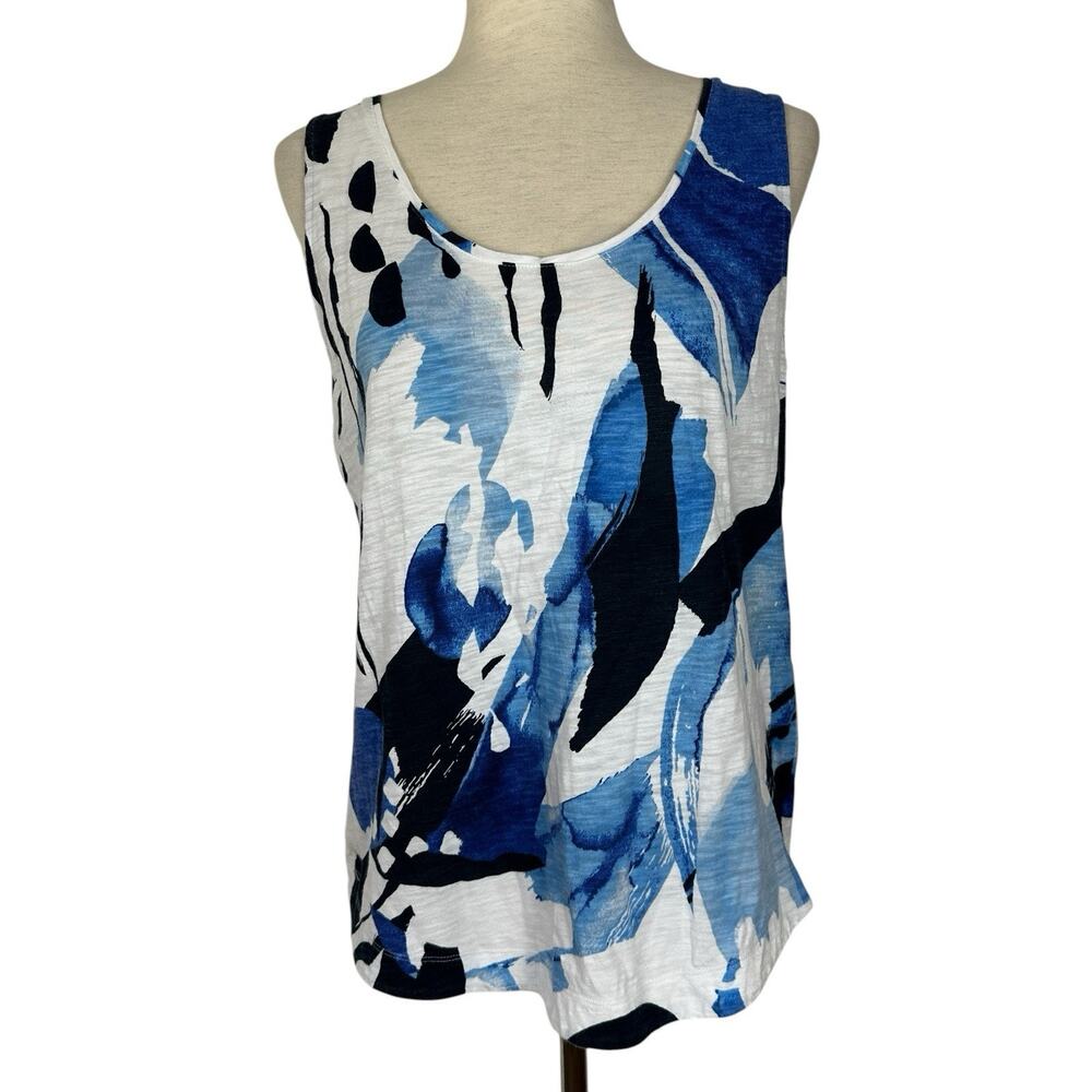 Chicos Top Women Medium Blue White Sleeveless Cotton Modal Scoop Neck Tank